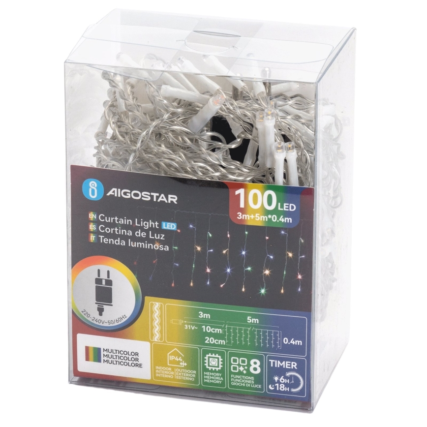 Aigostar - LED Cadeia de luzes de Natal para exterior 100xLED/8 funções 8x0,4m IP44 multicolorido