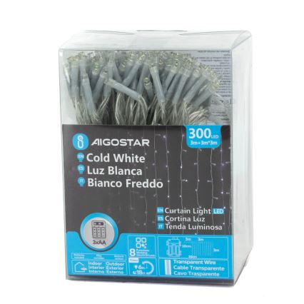Aigostar - Cordão de luzes de Natal LED para exterior 300xLED/8 funções 3xAA 6x2m IP44 branco frio