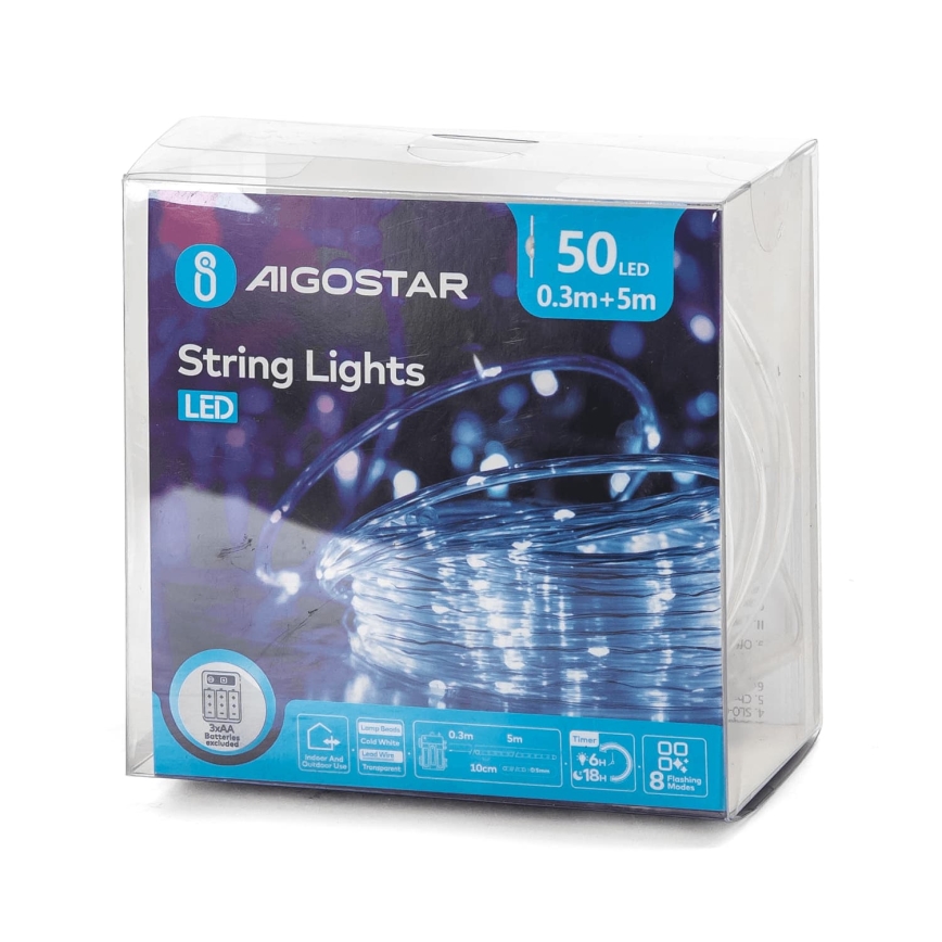 Aigostar - Guirlanda de Natal LED para exterior 50xLED/8 funções 3xAA 5,3m IP44 branco frio