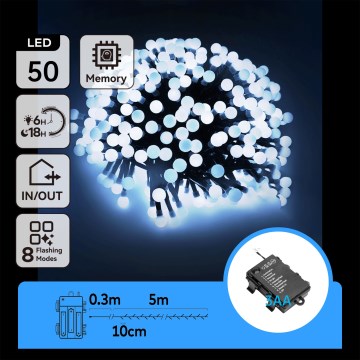 Aigostar - LED Cadeia de luzes de Natal para exterior 50xLED/8 funções 3xAA 5,3m IP44 branco frio