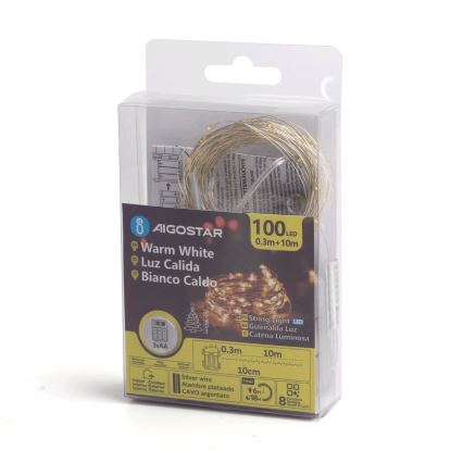 Aigostar -LED Cadeia luminosa de Natal para exterior 100xLED/8 funções 3xAA 10,3m IP44 branco quente