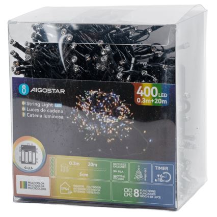 Aigostar - LED cordão de luzes de Natal para exterior 400 LEDs/8 funções 4xAA 20,3 m IP44 multicolorido