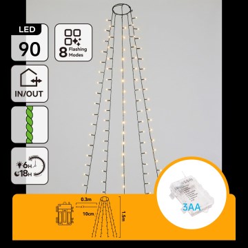 Aigostar - LED Cadeia luminosa de Natal para exterior 90xLED/8 funções 3xAA 1,5m IP44 branco quente