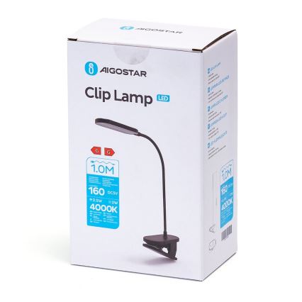 Aigostar - LED Candeeiro de mesa recarregável com regulação com clipe LED/2,5W/5V preto