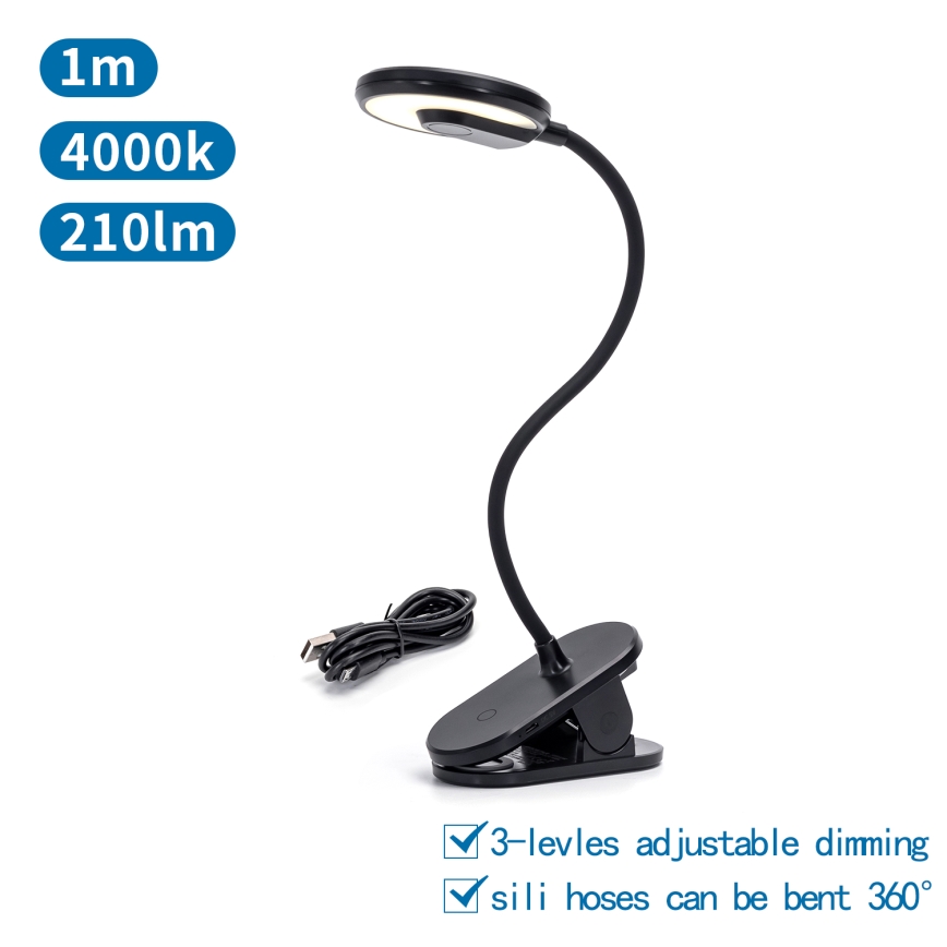 Aigostar - LED Candeeiro de mesa recarregável com regulação com clipe LED/3W/5V 1800mAh preto