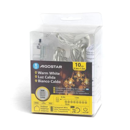 Aigostar - LED cordão de luzes de Natal 10xLED/3xAA 1,5m branco quente flocos de neve