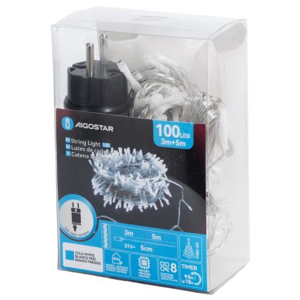 Aigostar - LED cordão de luzes de Natal para exterior 100 LEDs/8 funções 5,3m IP44 branco frio