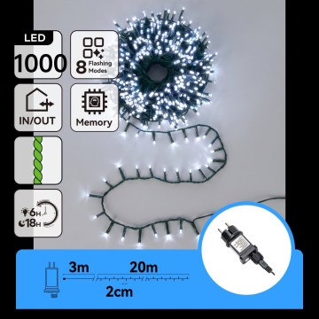Aigostar - LED cordão de luzes de Natal para exterior 1000xLED/8 funções 23m IP44 branco frio