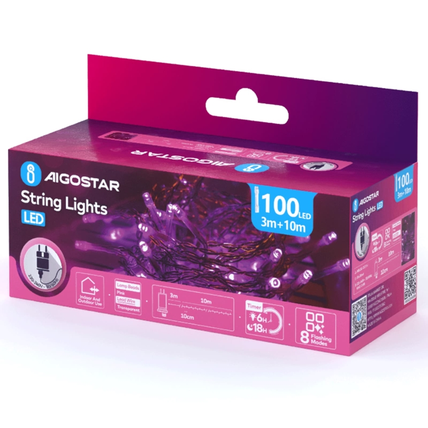 Aigostar - LED Cordão de luzes de Natal para exterior 100xLED/8 funções 13m IP44 rosa