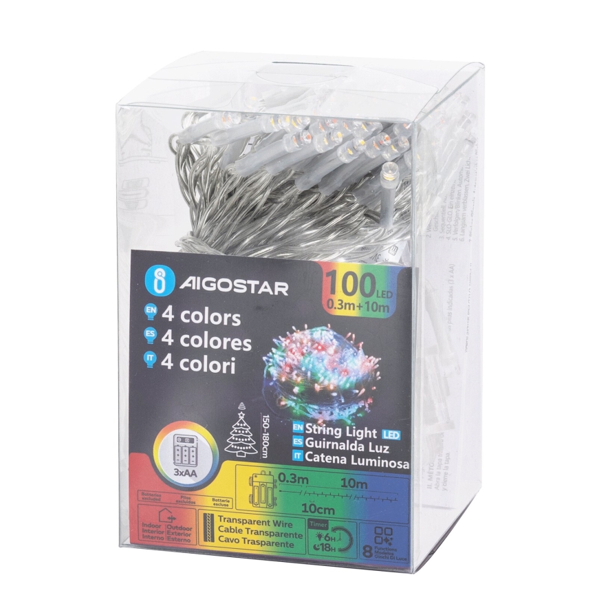 Aigostar - Guirlanda LED para exterior, 100 LEDs, 8 modos, 3x pilhas AA, 10,3 m, IP44, multicolorido