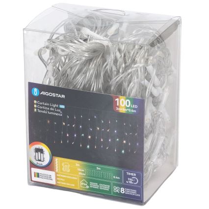 Aigostar-LED Cordão de luzes de Natal para exterior 100xLED/8 funções 3xAA 8x0,4m IP44 multicolorido
