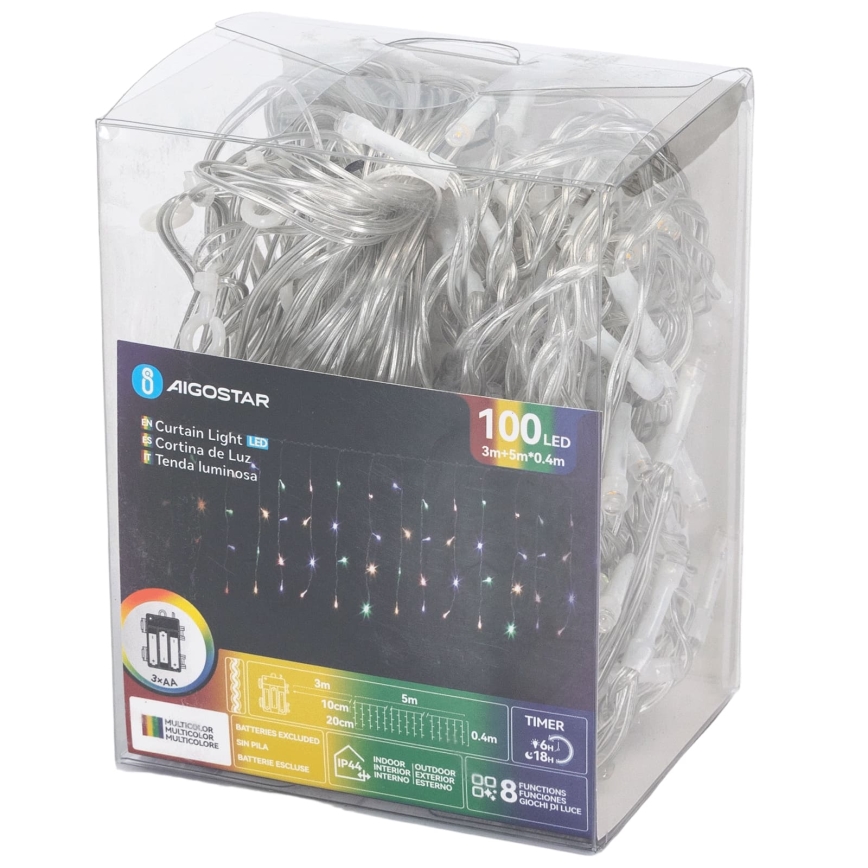 Aigostar-LED Cordão de luzes de Natal para exterior 100xLED/8 funções 3xAA 8x0,4m IP44 multicolorido