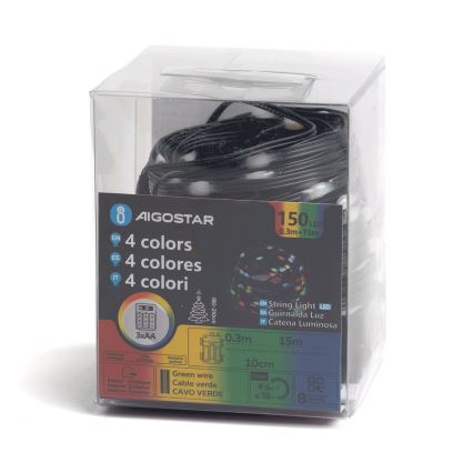 Aigostar -LED Cordão de luzes de Natal para exterior 150 LEDs/8 funções 3xAA 15,3m IP44 multicolorido