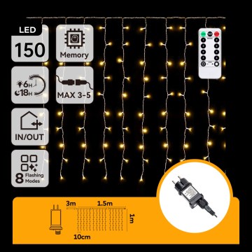 Aigostar - LED Cordão de luzes de Natal para exterior 150xLED/6W/230V/8 funções 1,5x1m IP44 branco quente + controlo remoto