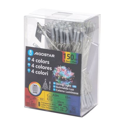 Aigostar -LED Cordão de luzes de Natal para exterior 150xLED/8 funções 3xAA 15,3m IP44 multicolorido