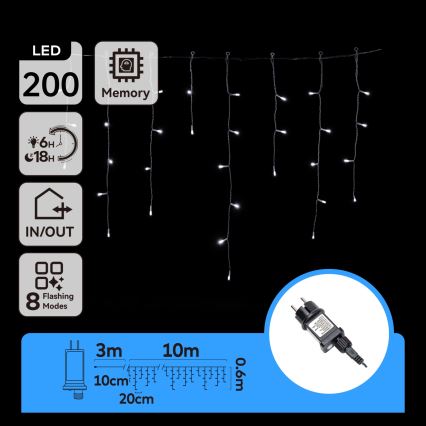 Aigostar - LED cordão de luzes de Natal para exterior 200xLED/8 funções 13x0,6m IP44 branco frio