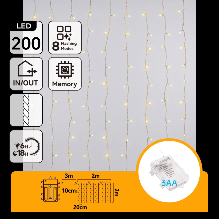Aigostar - LED cordão de luzes de Natal para exterior 200xLED/8 funções 3xAA 5x2m IP44 branco quente