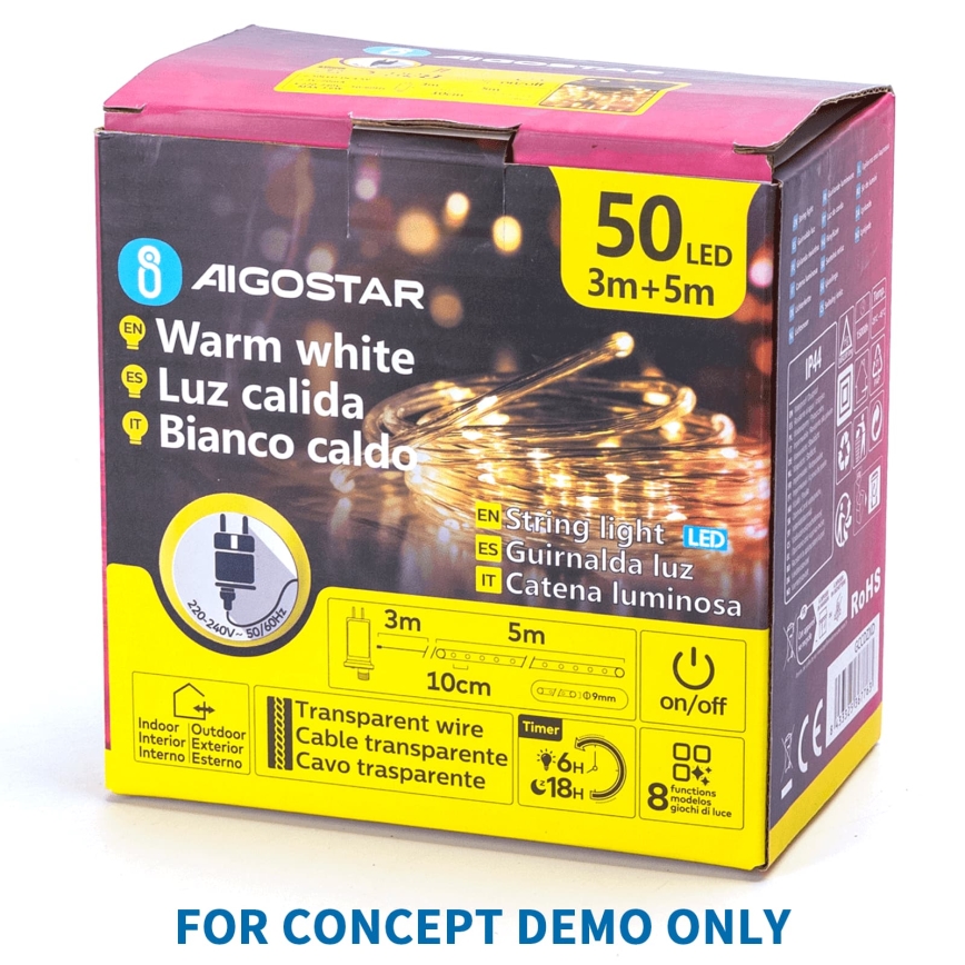Aigostar - LED cordão de luzes de Natal para exterior 200xLED/8 funções 3xAA 5x2m IP44 branco quente