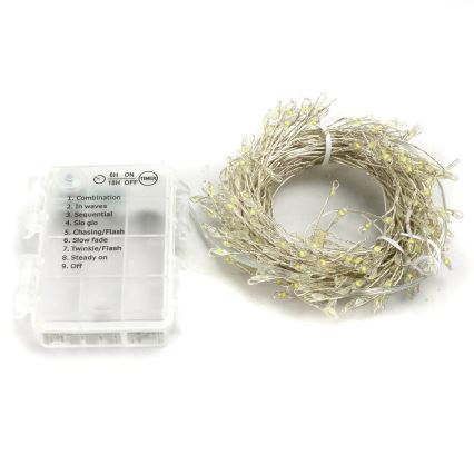 Aigostar - Cordão de luzes LED para exterior, 300 LEDs / 8 modos, 3x pilhas AA, 9,3 m, IP44, branco frio