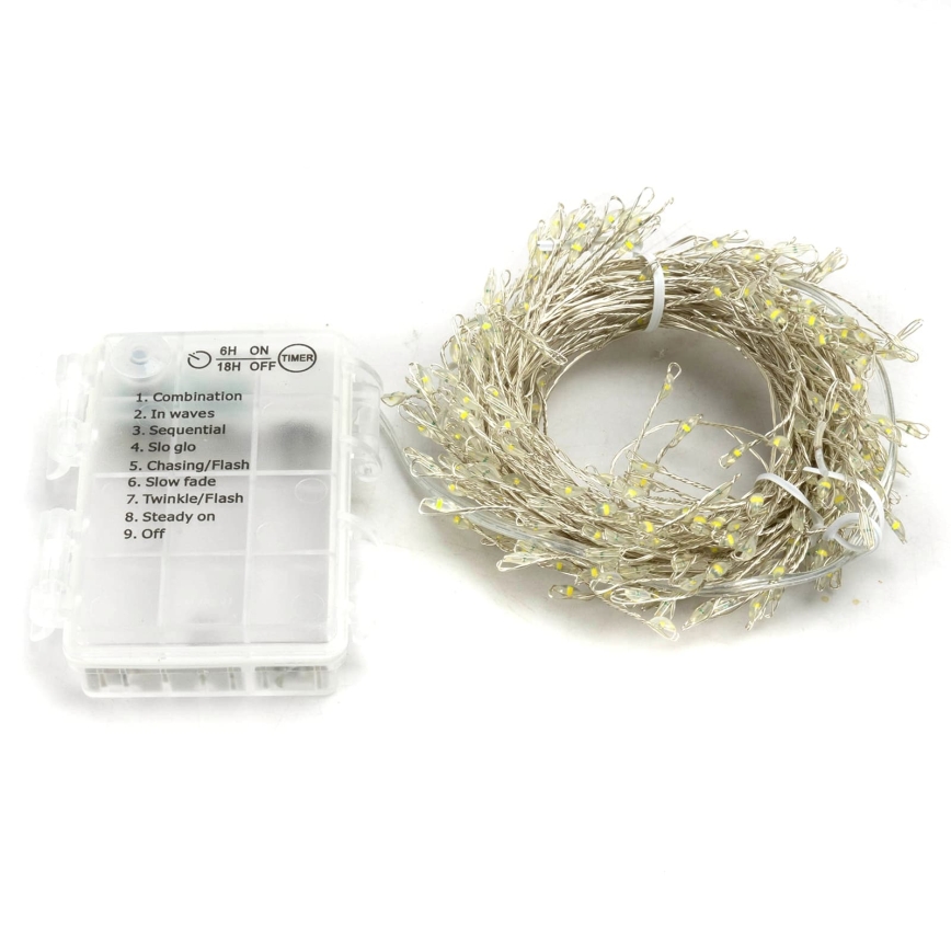 Aigostar - Cordão de luzes LED para exterior, 300 LEDs / 8 modos, 3x pilhas AA, 9,3 m, IP44, branco frio