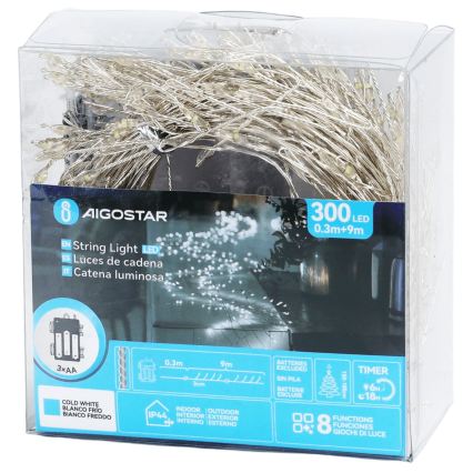 Aigostar - Cordão de luzes LED para exterior, 300 LEDs / 8 modos, 3x pilhas AA, 9,3 m, IP44, branco frio