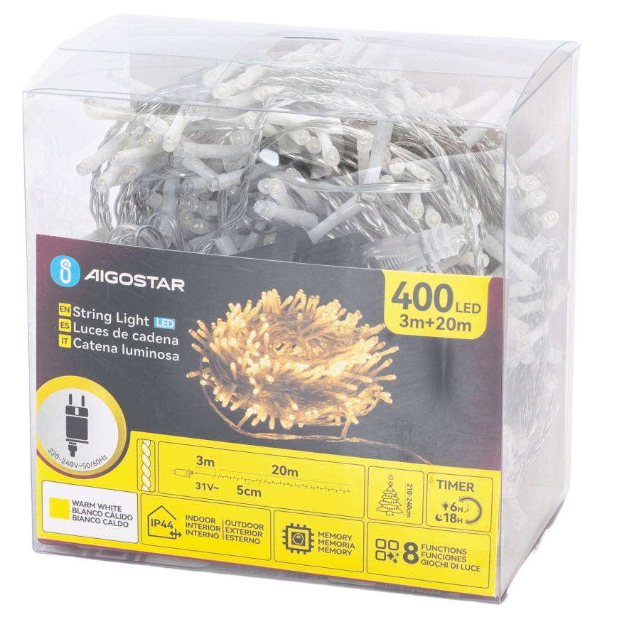 Aigostar - Cordão de luzes LED para exterior 400 LEDs/8 funções 20m IP44 branco quente