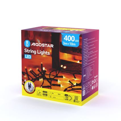 Aigostar - LED Cordão de luzes de Natal para exterior 400xLED/8 funções 13m IP44 branco quente