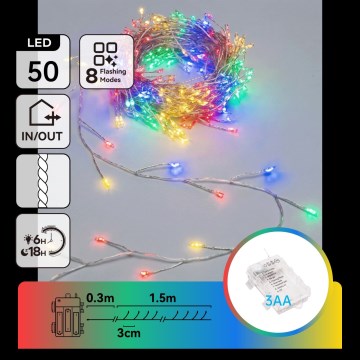 Aigostar - LED Cordão de luzes de Natal para exterior 50xLED/8 funções 3xAA 1,8m IP44 multicolorido