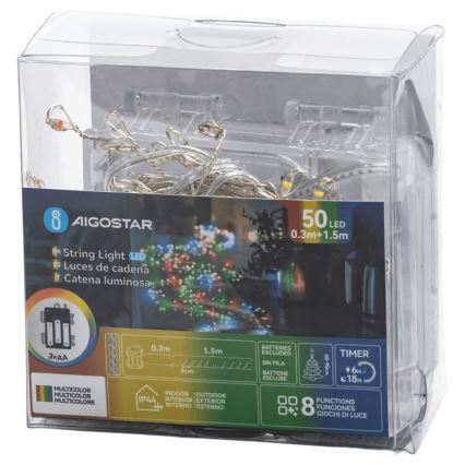 Aigostar - LED Cordão de luzes de Natal para exterior 50xLED/8 funções 3xAA 1,8m IP44 multicolorido