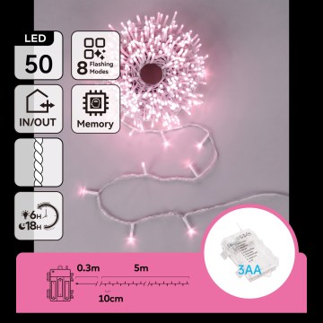 Aigostar - LED cordão de luzes de Natal para exterior 50xLED/8 funções 3xAA 5,3m IP44 rosa
