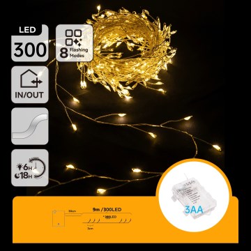 Aigostar - LED Cordão de Natal para exterior 300xLED/8 funções 3xAA 9,3m IP44 branco quente