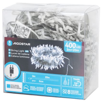 Aigostar - LED Cordão de Natal para exterior 400xLED/8 funções 23 m IP44 branco frio
