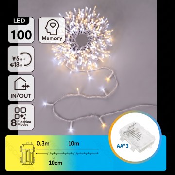 Aigostar - LED Cordão luminoso de Natal para exterior 100xLED/8 funções 3xAA 10,3m IP44 branco quente/branco frio