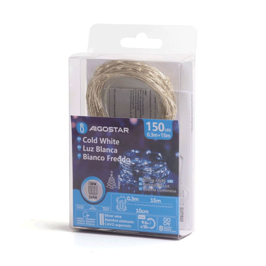 Aigostar - Cadeia de luzes de Natal LED para exterior 150 LEDs/8 funções/3xAA 15,3m IP44 branco frio