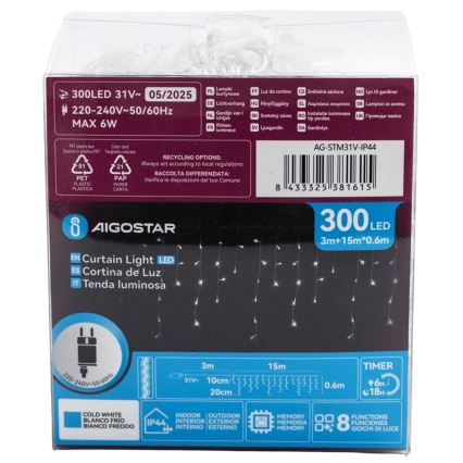 Aigostar - LED Guirlanda decorativa para exterior 300xLED/6W/230V 15x0,6m IP44 branco frio