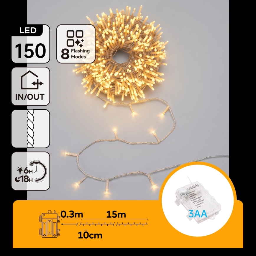 Aigostar - LED corrente de Natal para exterior 150 LEDs/8 funções 3x pilhas AA 15,3m IP44 branco quente