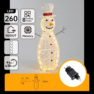 Aigostar - LED Decoração de Natal para exterior 260xLED/8 funções 1,2m IP44 branco quente boneco de neve