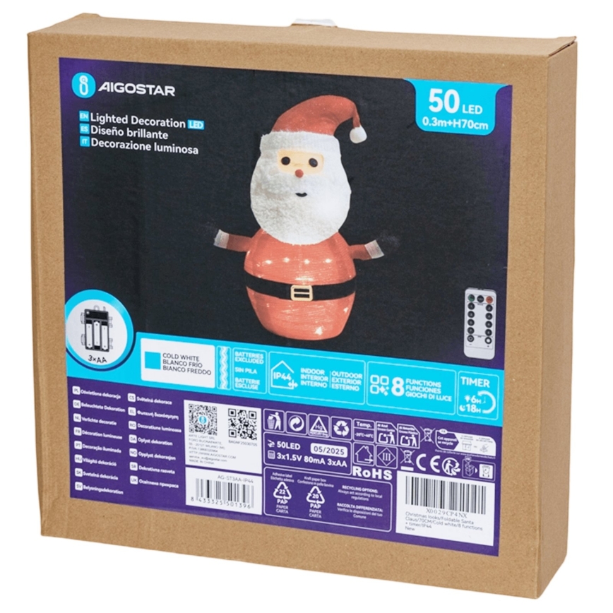 Aigostar - Decoração de Natal LED para exterior 50xLED/3xAA 0,7m IP44 branco frio Papai Noel