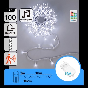 Aigostar - LED dimerizável para exterior cordão de luzes de Natal com sensor de movimento 100xLED/3xAA 12m branco frio + controlo remoto