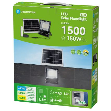 Aigostar - Refletor solar LED regulável/LED/150W/3,2V 3000mAh 3000K/4000K/6500K IP66 + controlo remoto