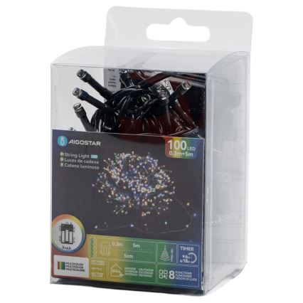 Aigostar - LED Guirlanda de Natal para exterior 100xLED/8 funções 3xAA 5,3 m IP44 multicolorido