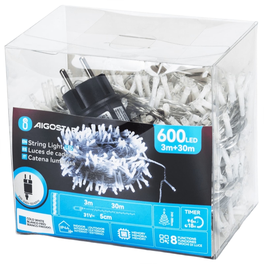 Aigostar - LED Fio de luzes de Natal para exterior 600xLED/8 funções 33m IP44 branco frio