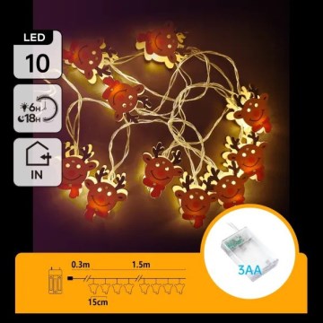Aigostar - LED Guirlanda de Natal 10xLED/3xAA 1,5m branco quente reno