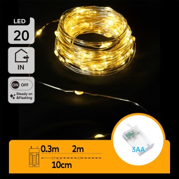 Aigostar - LED Guirlanda de Natal 20xLED/3xAA 2,3m branco quente