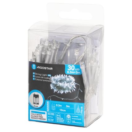 Aigostar - LED Guirlanda de Natal 30xLED/3xAA 3,3m branca fria