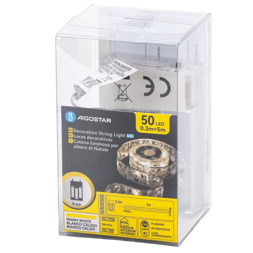 Aigostar - Guirlanda de Natal LED 50 LEDs/3xAA, 5 m, branco quente, prateada