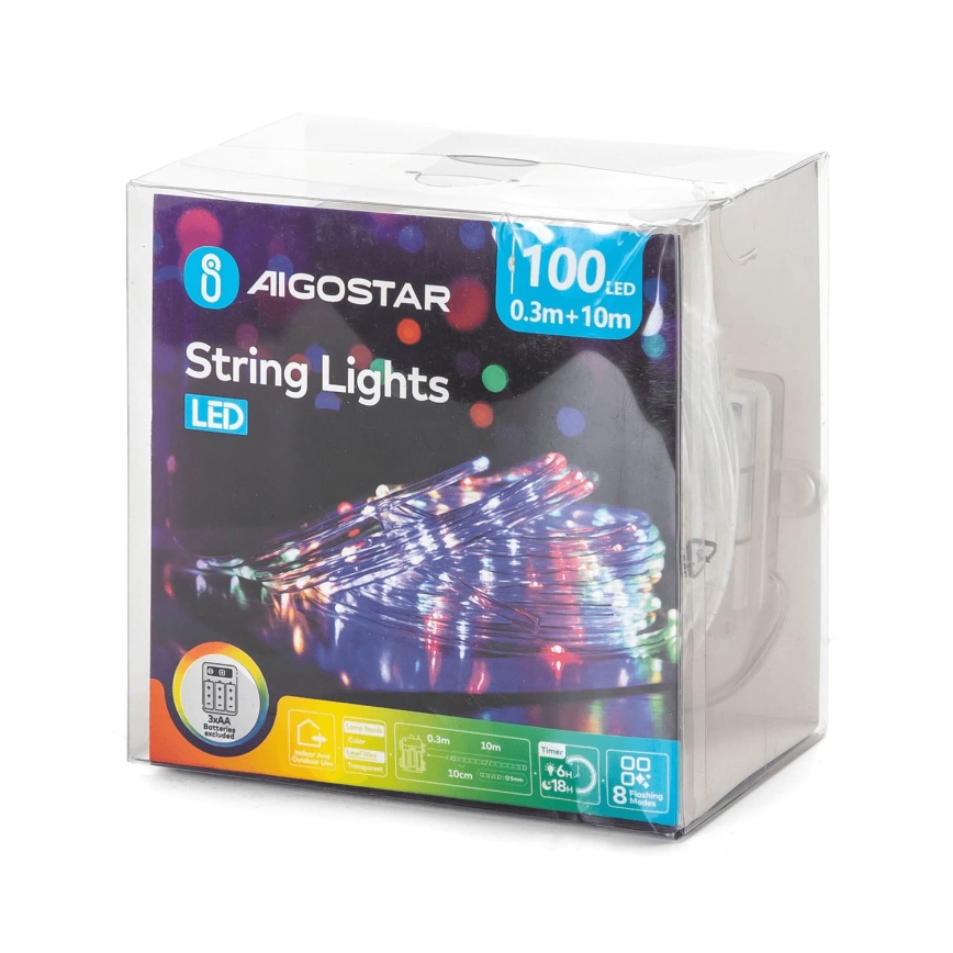 Aigostar - Cordão de luzes de Natal LED para exterior, 100 LEDs / 8 funções, 3xAA, 10,3 m, IP44, multicolorido