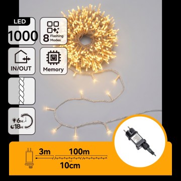 Aigostar - LED Guirlanda de Natal para exterior 1000xLED/8 funções 103m IP44 branco quente
