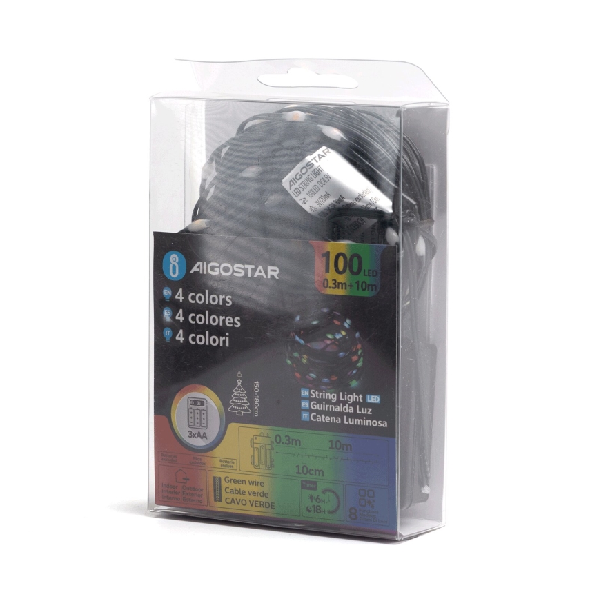 Aigostar - Luzes de Natal LED para exterior 100 LEDs/8 funções 3xAA 10,3m IP44 multicolorido