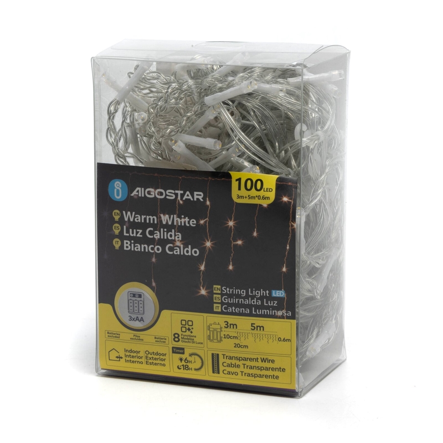 Aigostar - LED cordão de Natal para exterior 100xLED/8 funções 3xAA 8x0,6m IP44 branco quente